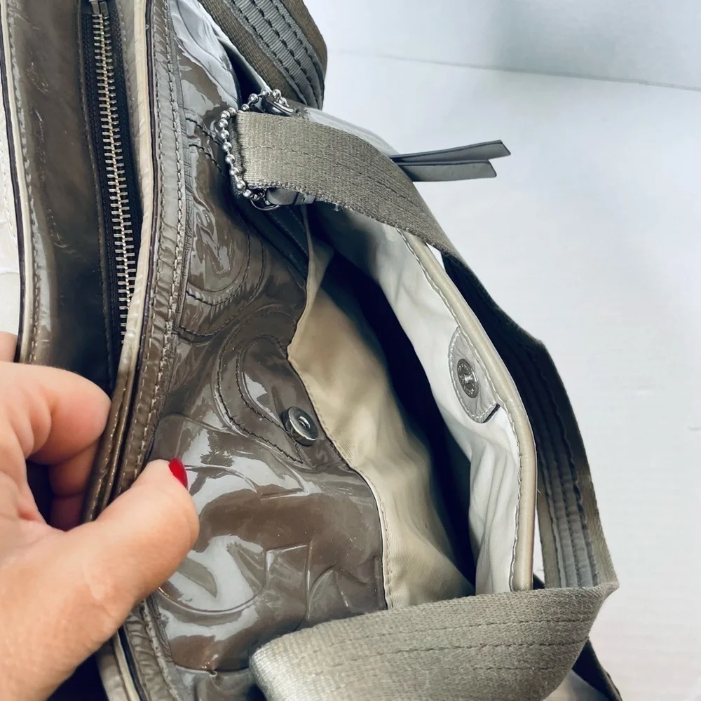 COACH 16977 Rare Gray Signature Patent Leather Tote Travel Diaper Bag